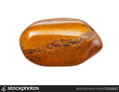 closeup of sample of natural mineral from geological collection - brown Tiger&rsquo;s eye gem stone isolated on white background. brown Tiger&rsquo;s eye gem stone isolated on white