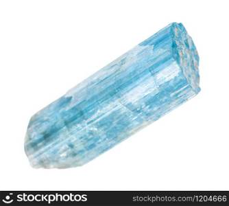 closeup of sample of natural mineral from geological collection - crystal of Aquamarine (blue Beryl) isolated on white background. crystal of Aquamarine (blue Beryl) isolated