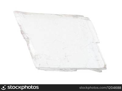 closeup of sample of natural mineral from geological collection - crystal of transparent Gypsum rock isolated on white background. crystal of transparent Gypsum rock isolated