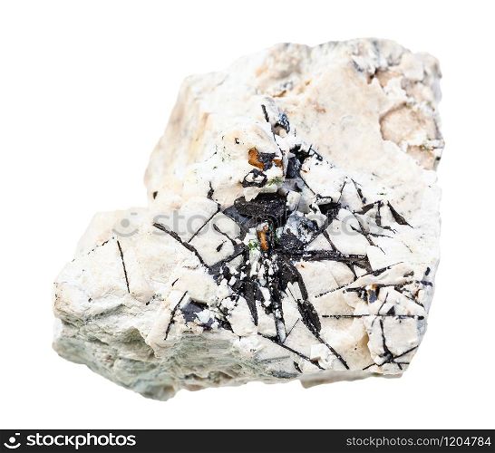 closeup of sample of natural mineral from geological collection - Ilmenite crystals in unpolished rock isolated on white background. Ilmenite crystals in unpolished rock isolated