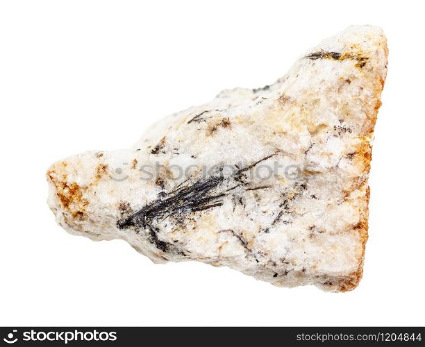 closeup of sample of natural mineral from geological collection - Ludwigite crystals in rock isolated on white background. Ludwigite crystals in rock isolated on white
