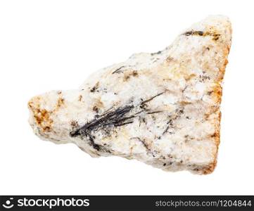 closeup of sample of natural mineral from geological collection - Ludwigite crystals in rock isolated on white background. Ludwigite crystals in rock isolated on white