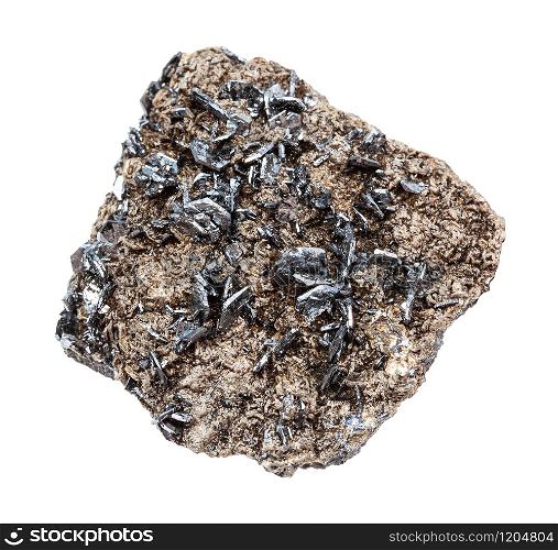 closeup of sample of natural mineral from geological collection - Magnetite (lodestone) crystals in matrix isolated on white background. Magnetite (lodestone) crystals in matrix isolated