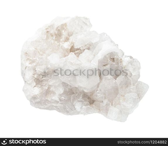 closeup of sample of natural mineral from geological collection - matrix of colorless Rock crystals (rock-crystal) isolated on white background. matrix of colorless Rock crystals (rock-crystal)