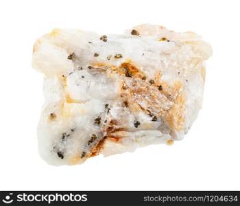 closeup of sample of natural mineral from geological collection - native gold in unpolished quartz rock isolated on white background. native gold in unpolished quartz rock isolated