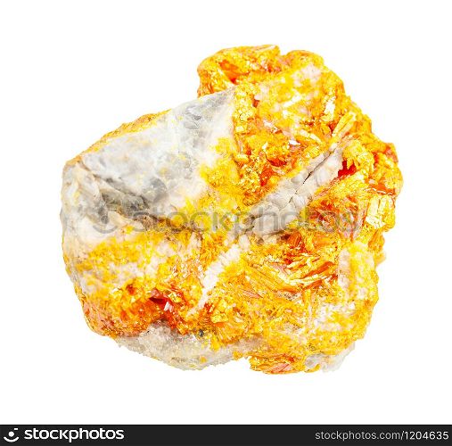 closeup of sample of natural mineral from geological collection - Orpiment crystals on rock isolated on white background. Orpiment crystals on rock isolated on white
