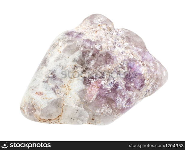 closeup of sample of natural mineral from geological collection - pebble from Lepidolite with quartz and tourmaline rock isolated on white background. pebble from Lepidolite rock isolated on white