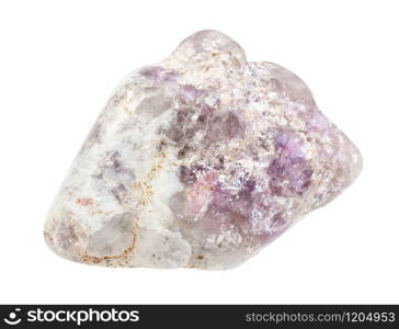 closeup of sample of natural mineral from geological collection - pebble from Lepidolite with quartz and tourmaline rock isolated on white background. pebble from Lepidolite rock isolated on white