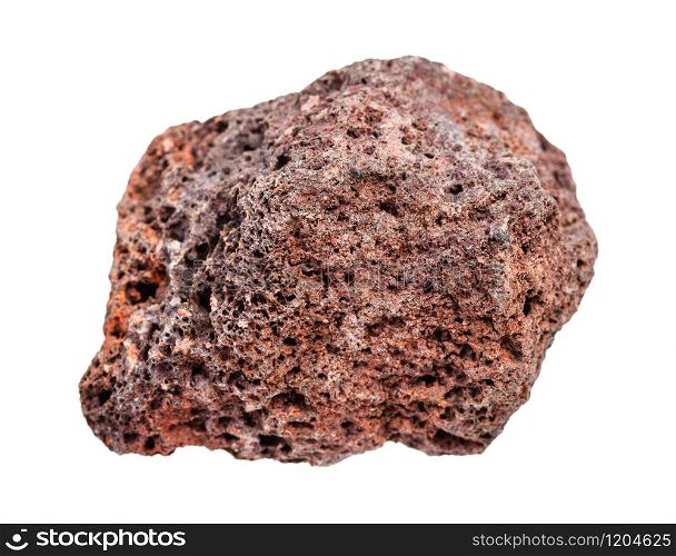 closeup of sample of natural mineral from geological collection - pebble of red brown Pumice rock isolated on white background. pebble of red brown Pumice rock isolated on white