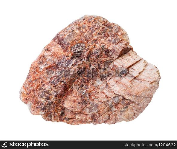 closeup of sample of natural mineral from geological collection - piece of pink Granite rock isolated on white background. piece of pink Granite rock isolated on white