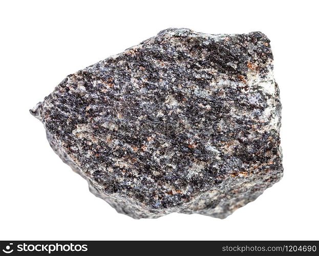 closeup of sample of natural mineral from geological collection - piece of raw nepheline syenite rock isolated on white background. piece of raw nepheline syenite rock isolated