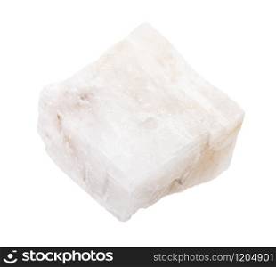 closeup of sample of natural mineral from geological collection - piece of white Calcite rock isolated on white background. piece of white Calcite rock isolated on white