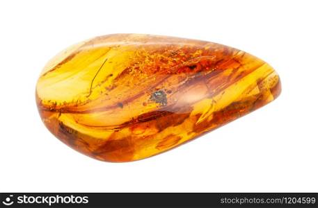 closeup of sample of natural mineral from geological collection - polished Amber gem stone with inclusions isolated on white background. polished Amber gem stone with inclusions isolated