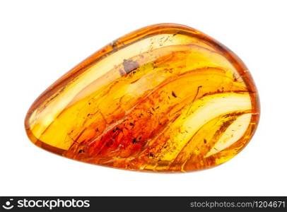 closeup of sample of natural mineral from geological collection - polished Amber gemstone with inclusions isolated on white background. polished Amber gemstone with inclusions isolated