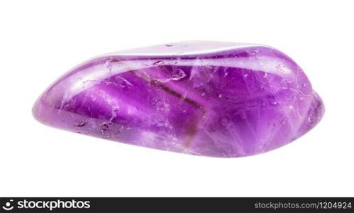 closeup of sample of natural mineral from geological collection - polished Amethyst gem stone isolated on white background. polished Amethyst gem stone isolated on white