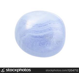 closeup of sample of natural mineral from geological collection - polished blue lace agate (Chalcedony) gemstone isolated on white background. polished blue lace agate (Chalcedony) gemstone