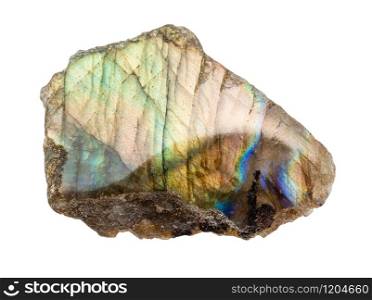 closeup of sample of natural mineral from geological collection - polished Labradorite rock isolated on white background. polished Labradorite rock isolated on white