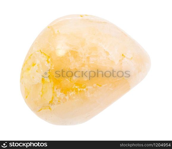 closeup of sample of natural mineral from geological collection - polished Stilbite gemstone isolated on white background. polished Stilbite gemstone isolated on white