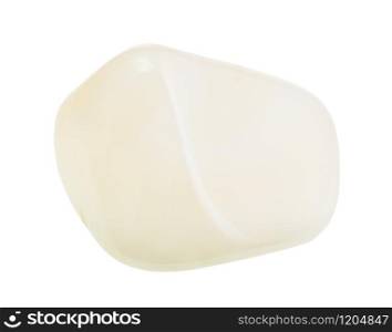 closeup of sample of natural mineral from geological collection - polished white agate gemstone isolated on white background. polished white agate gemstone isolated