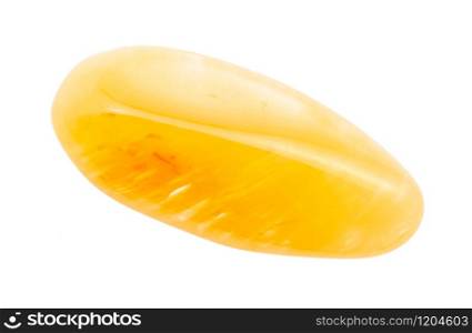 closeup of sample of natural mineral from geological collection - polished yellow Chalcedony gemstone isolated on white background. polished yellow Chalcedony gemstone isolated