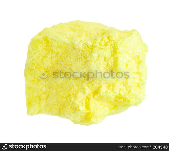 closeup of sample of natural mineral from geological collection - pure raw Sulphur (Sulfur) rock isolated on white background. pure raw Sulphur (Sulfur) rock isolated on white