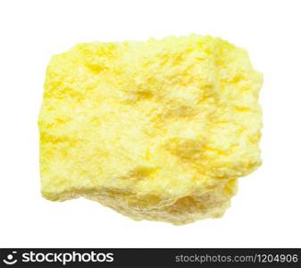 closeup of sample of natural mineral from geological collection - pure rough Sulphur (Sulfur) rock isolated on white background. pure rough Sulphur (Sulfur) rock isolated