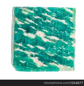 closeup of sample of natural mineral from geological collection - raw Amazonite stone isolated on white background. raw Amazonite stone isolated on white