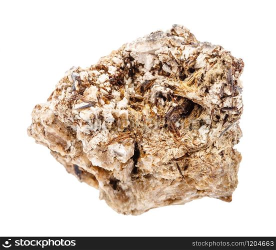 closeup of sample of natural mineral from geological collection - raw Astrophyllite rock isolated on white background. raw Astrophyllite rock isolated on white