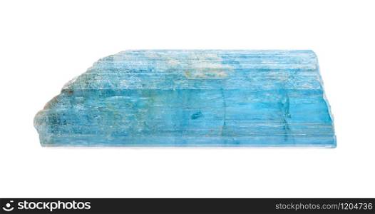 closeup of sample of natural mineral from geological collection - raw crystal of Aquamarine (blue Beryl) isolated on white background. raw crystal of Aquamarine (blue Beryl) isolated