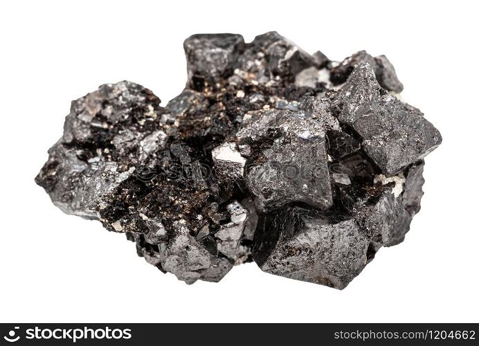 closeup of sample of natural mineral from geological collection - raw crystalline Magnetite (lodestone, iron ore) rock isolated on white background. crystalline Magnetite (lodestone, iron ore) rock