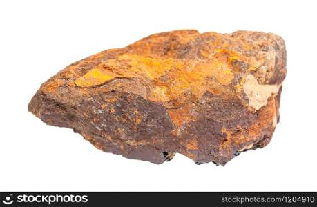 closeup of sample of natural mineral from geological collection - raw Limonite ( brown iron ore) rock isolated on white background. raw Limonite ( brown iron ore) rock isolated