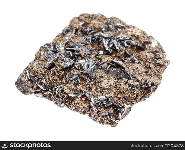 closeup of sample of natural mineral from geological collection - raw Magnetite (lodestone) crystals in matrix isolated on white background. raw Magnetite crystals in matrix isolated