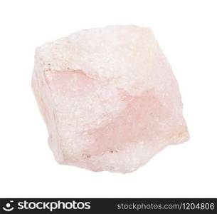 closeup of sample of natural mineral from geological collection - raw Morganite (Vorobyevite, pink Beryl) stone isolated on white background. raw Morganite (Vorobyevite, pink Beryl) stone