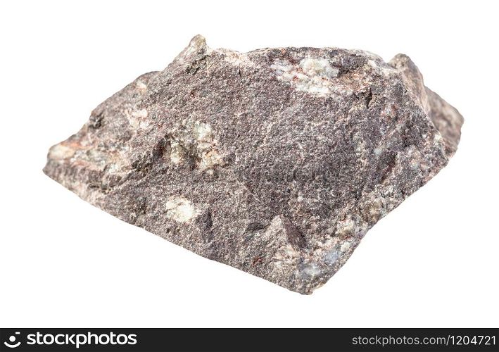 closeup of sample of natural mineral from geological collection - raw porphyric Basalt rock isolated on white background. raw porphyric Basalt rock isolated on white