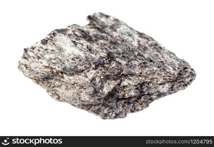 closeup of sample of natural mineral from geological collection - raw quartz biotite slate rock isolated on white background. raw quartz biotite slate rock isolated on white