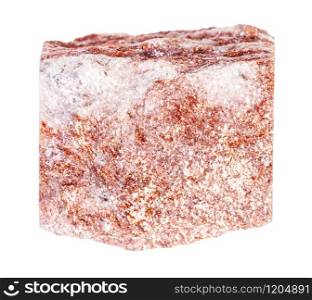 closeup of sample of natural mineral from geological collection - raw red Aventurine rock isolated on white background. raw red Aventurine rock isolated on white