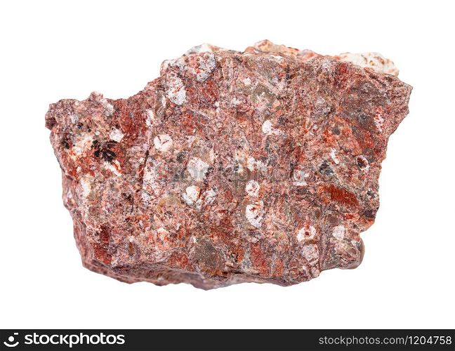 closeup of sample of natural mineral from geological collection - raw Rhyolite rock isolated on white background. raw Rhyolite rock isolated on white