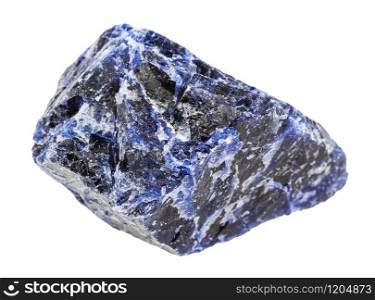 closeup of sample of natural mineral from geological collection - raw Sodalite stone isolated on white background. raw Sodalite stone isolated on white
