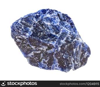 closeup of sample of natural mineral from geological collection - raw Sodalite rock isolated on white background. raw Sodalite rock isolated on white