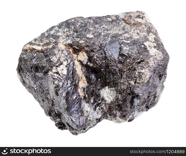 closeup of sample of natural mineral from geological collection - raw Sphalerite (zink ore) rock isolated on white background. raw Sphalerite (zink ore) rock isolated on white