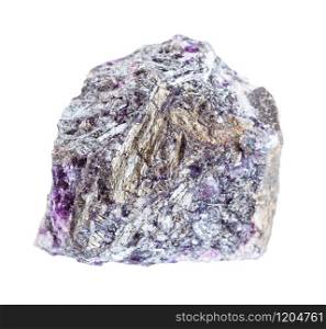 closeup of sample of natural mineral from geological collection - raw Stibnite (Antimonite) ore with Amethyst quartz isolated on white background. raw Stibnite (Antimonite) ore with Amethyst