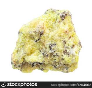 closeup of sample of natural mineral from geological collection - raw Sulphur (Sulfur) ore isolated on white background. raw Sulphur (Sulfur) ore isolated on white