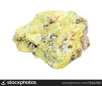 closeup of sample of natural mineral from geological collection - raw Sulphur (Sulfur) rock isolated on white background. raw Sulphur (Sulfur) rock isolated on white