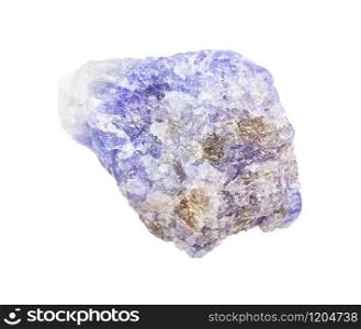 closeup of sample of natural mineral from geological collection - raw Tanzanite (blue violet zoisite) rock isolated on white background. raw Tanzanite (blue violet zoisite) rock isolated