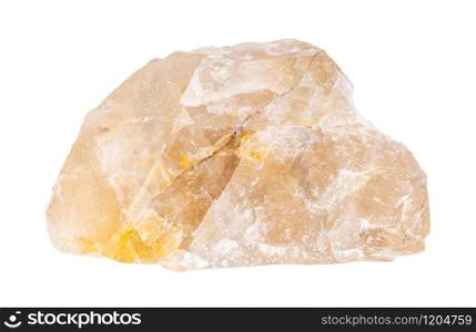 closeup of sample of natural mineral from geological collection - raw yellow Fluorite (fluorspar) rock isolated on white background. raw yellow Fluorite (fluorspar) rock isolated