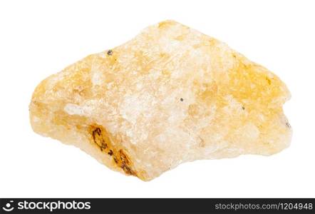 closeup of sample of natural mineral from geological collection - raw yellow Calcite stone isolated on white background. raw yellow Calcite stone isolated on white