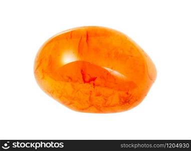 closeup of sample of natural mineral from geological collection - rolled Carnelian gemstone isolated on white background. rolled Carnelian gemstone isolated on white