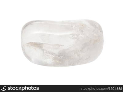 closeup of sample of natural mineral from geological collection - rolled colorless Rock crystal gemstone isolated on white background. rolled colorless Rock crystal gemstone isolated