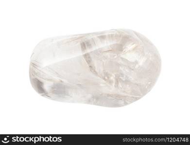 closeup of sample of natural mineral from geological collection - rolled colorless Rock crystal gem stone isolated on white background. rolled colorless Rock crystal gem stone isolated