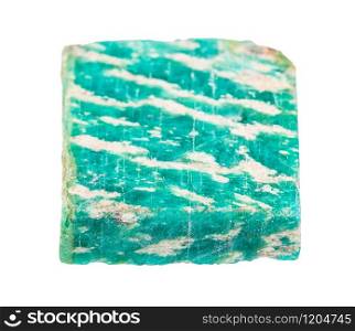 closeup of sample of natural mineral from geological collection - rough Amazonite rock isolated on white background. rough Amazonite rock isolated on white